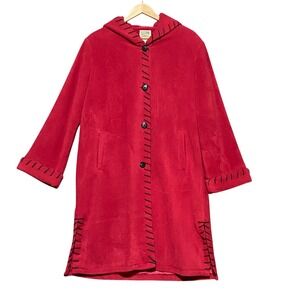 TravelSmith Women's Size L Red Hooded Long Coat Blanket Stitch Button Front 1965